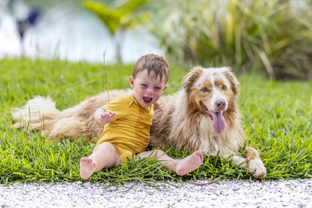 Enfant entouré de sa famille et de ses animaux lors d’une séance photo en Nouvelle-Calédonie avec BFO Photographie