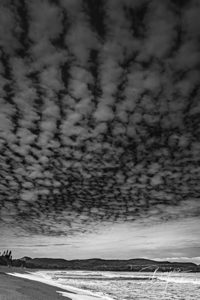 Ciel strié de nuages au-dessus d'un rivage, photo verticale en noir et blanc par BFO Photographie