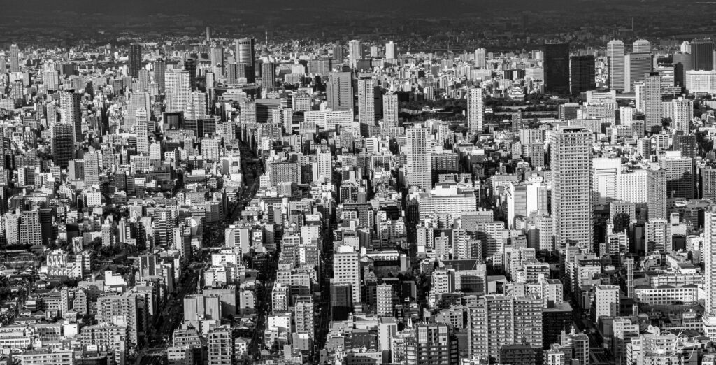 Vue en hauteur d'une immense ville japonaise à perte de vue, photo urbaine en noir et blanc par BFO Photographie