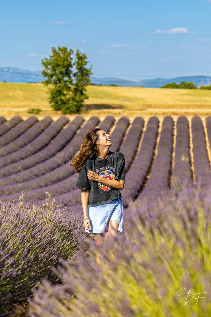 Portrait vertical d'une jeune femme dans un champ de lavande, arbre isolé en arrière-plan, par BFO Photographie