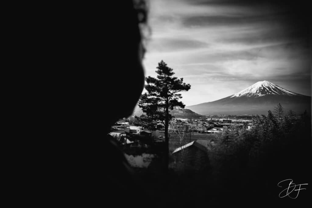 Silhouette d'un arbre face au mont Fuji enneigé, paysage japonais en noir et blanc par BFO Photographie